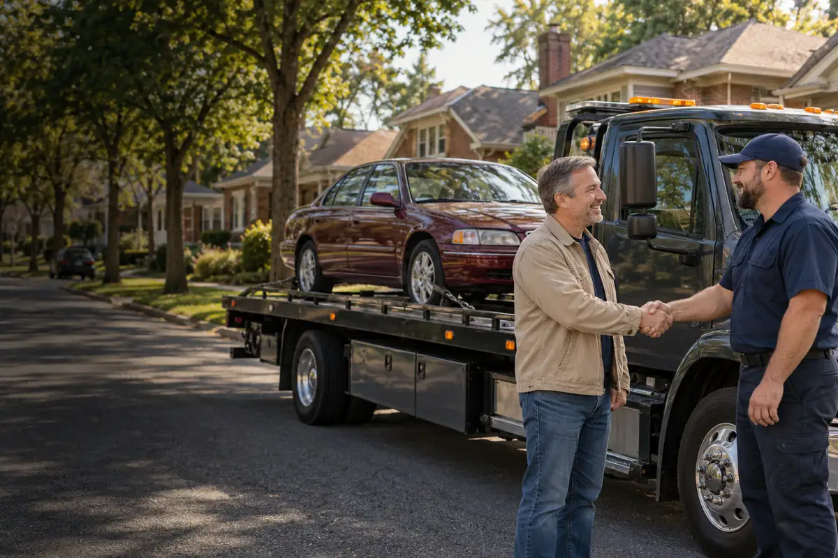 Illustrative scene of a vehicle owner and tow operator arranging pickup in a suburban neighborhood