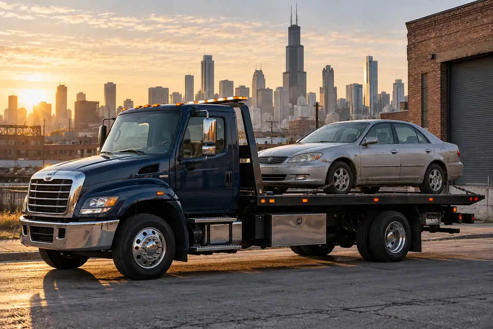Illustrative tow truck transporting an older car in Chicago